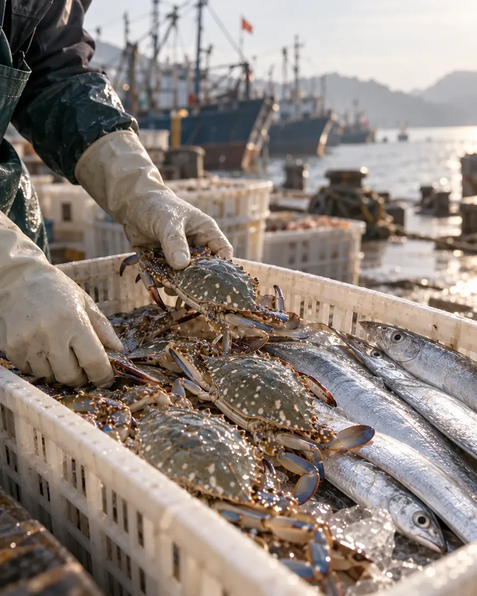 Fresh seafood in baskets at the morning harbour, with hands selecting the catch — a concept image