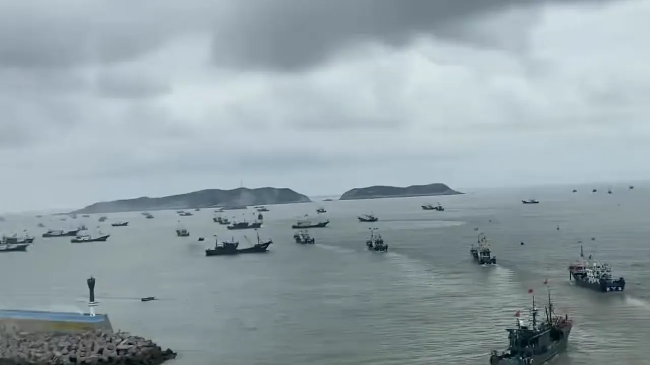 A September scene at Dongtou harbour: fishing boats pass a breakwater beneath misty hills