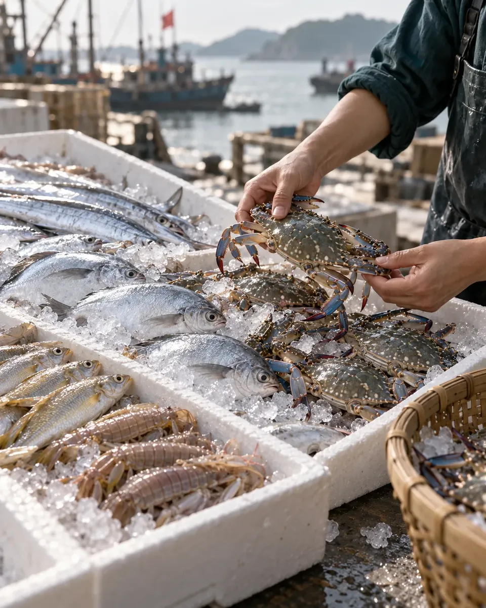 A concept image of selecting chilled seafood by hand at the morning harbour